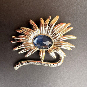 Vintage Creative Memories Sunflower Silver Tone Blue Rhinestone Brooch Floral
